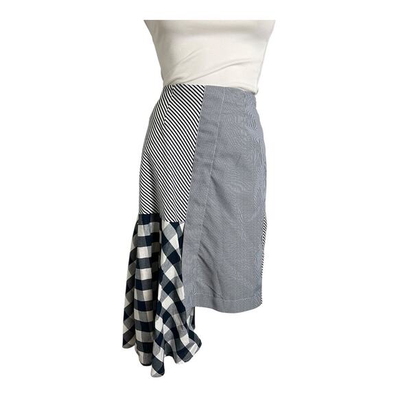 Beulah Style Women Skirt M Blue White Patchwork Cotton Gingham Asymmetrical Hem - Picture 1 of 8